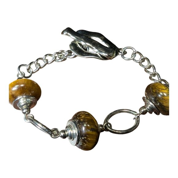 Handcrafted Tiger's Eye Beaded Silver Tone Bracelet Toggle Clasp 7.5 inches - Picture 5 of 7